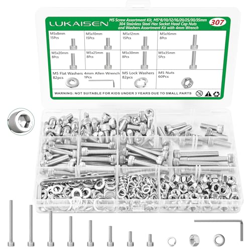 307 Pcs M5 Hex Socket Cap Screws Nuts Flat Washers Kit, 304 SS | with Flat & Spring Washers & Wrench, Heavy-Duty Metric Fasteners for Machinery & DIY, M5 x 8mm-35mm,Clear Label Storage Box - size: SS M5 307pcs 3