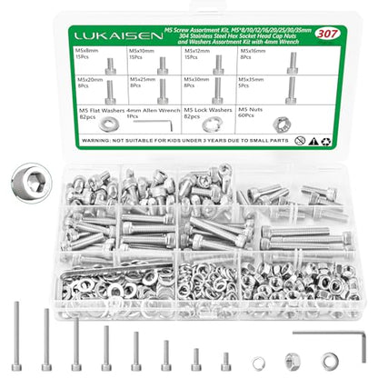 307 Pcs M5 Hex Socket Cap Screws Nuts Flat Washers Kit, 304 SS | with Flat & Spring Washers & Wrench, Heavy-Duty Metric Fasteners for Machinery & DIY, M5 x 8mm-35mm,Clear Label Storage Box - size: SS M5 307pcs 3