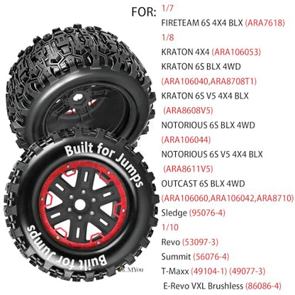 RC Wheels and Tires Set(4PCS) for 1/8 1/10 Monster Truck Tires,Traxx as/Arrm a 6S/Summi t/E Rveo/T-Maxx RC Off-Road etc,17mm Hex Tire and Wheels/Plastic Rims,Red and Black - color: Red and Black-(wheels Tires)