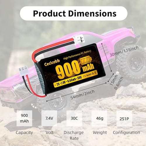 SCX24 Battery 7.4V 900mAh Li-Po Battery with PH2.0 Plug for SCX24 RC Car Most 1/10, 1/16, 1/18, 1/24 Scale RC Trucks with Charger Cable
