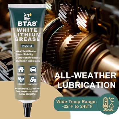 BTAS White Lithium Grease,Lubricant for Automotive Chassis Ball Joints, Tie rods, Suspension Assemblies, Wheel Bearings & Gears,Ideal for Automotive, Marine, Industrial & Home Use NLGI 2 8 oz - size: 8 oz