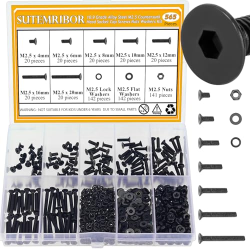 565 Pieces M2.5 Screws Nuts Washers Set Black, Sutemribor M2.5 x 4/6/8/10/12/16/20mm Countersunk Head Socket Cap Screws Nuts Washers Assortment Kit, 10.9 Grade Alloy Steel, Fully Threaded - size: M2.5, style: Countersunk Head Socket Cap