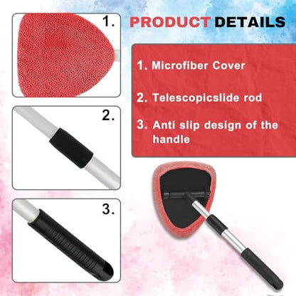 Windshield Cleaning Tool, Car Window Cleaner with Extendable Handle, 4 Microfiber Pads and Spray Bottle, Auto Interior Exterior Glass Wiper Cleaning Kit Universal for RV, SUV, Truck (Red) - color: Red