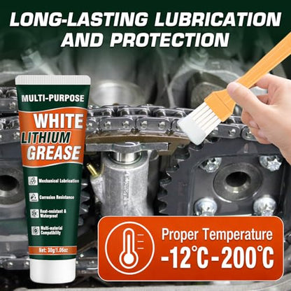 White Lithium Grease Tube with Brush, Multi-Purpose Lithium Grease, Garage Door Lubricant for Hinges, Bearings, Gears, Ideal for Automotive, Marine, Industrial, Waterproof & Rust-Proof (1)