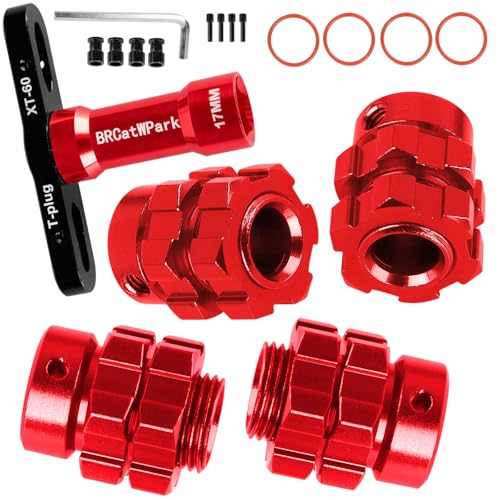 RC 17mm Wheel Hex 6mm Extended Wheel Hub Drive Upgrades Part for 1/10 E-Maxx/T-Maxx/E-Revo/Revo/Summit,4pcs Aluminum Hex Hub Adapters & Nuts w/Wrench,Replace Part #6469 5854,Red