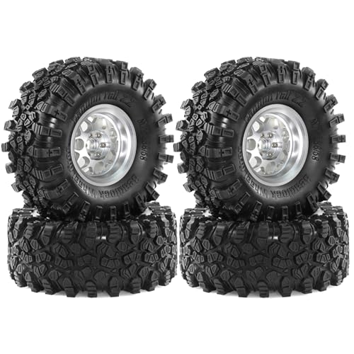 2.2 inch RC Crawler Tires and Beadlock Wheels Rims OD 5.35'' 1:10 Soft Rubber Mud All Terrain Tyres for 1/10 1/8 Rock Crawler Car Traxxas TRX4 Axial SCX10 II RC4WD CC01 Gen8 (Silver) - color: Silver