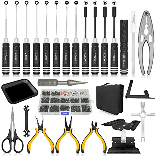 OGRC Screwdriver Set, RC Repair Tools, RC Tools, RC Car Screw Kit - 26pcs | RC Car Boat Helicopter Tools, Include Screwdriver (Flat, Phillips, Hex), Work Stand, Screw, Pliers, Body Reamer, Wrench, Tray - color: Black
