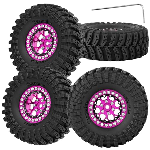 RC 1.3 Beadlock Wheel Tires Set (4PCS) for 1/24 SCX24 1/18 TRX4M RC Crawler Car,Aluminum 1.3 Beadlock Wheels and Tires,Wheel Rim,Pink - color: Pink- (Rc WheelsTires)