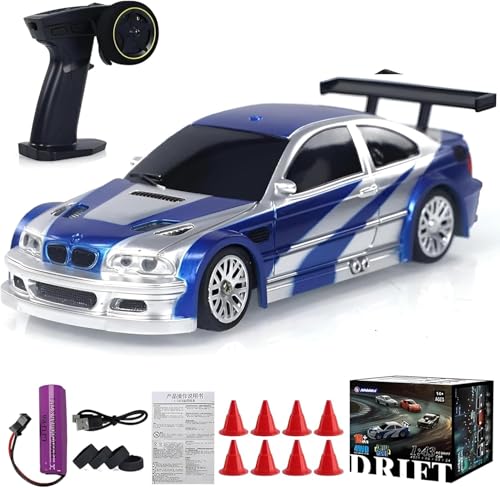 RC Drift Racing Cars, 1/43 Scale 4WD 2.4G Remote Control High Speed Racing Vehicle with Lights Kit, Mini Drift Car for Adults (RTR Version) - color: Blue & White