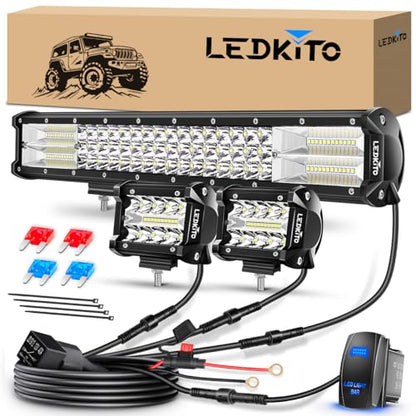 20In LED Light Bar and 4In LED Cube Pod Lights with Wiring Harness | 16AWG Spot Flood Combo Beam with 3Pin Rocker Switch LED Off Road Driving Work Lights Bar for Je-ep Truck SUV Pickup Golf Cart - size: 20 Inch + 4 Inch LED Light Bar with Rocker Switch