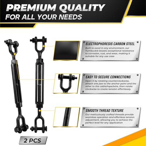 1200 LBS 3/8”x11.4” Jaw and Jaw Turnbuckles for Cable Wire Tensioner (2PCS) | Ultra Durable Steel Weather Resistant, Durable Black Turnbuckle for Wire Rope Tension, Shade Sail Hardware, Sun Shade Tent - style: 2Pcs 3/8”x11.4”