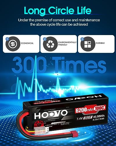 HOOVO 2S Lipo Battery,7.4V 6200mAh 100C LiPo Battery RC Pack T Plug 2 Pack | Hard Case,compatible with RC Buggy Vehicles Car Boat Truck