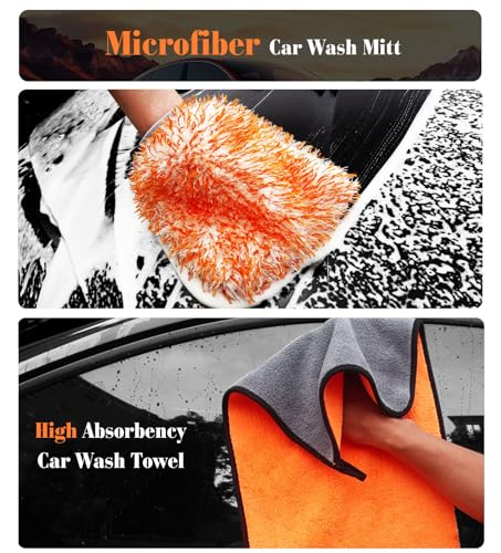 YeewayVeh 7PCS Motorcycle Cleaning Kit, 2-Size Bendable Wheel Brush, Orange | Tire & Chain Brush, Boars Hair Detailing, Wash Mitt, Microfiber Towel for Dirt Bike & Car Wheels