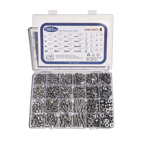 Machine Screw Assortment Kit 1007Pcs 304 Stainless Steel, #4-40#6-32#8-32#10-24 Phillips Pan Head Screws with Nuts, Flat & Spring Washers, Organized Storage Case for DIY Home Repair Automotive
