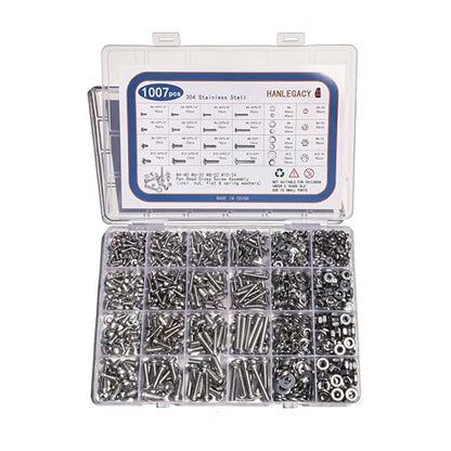 Machine Screw Assortment Kit 1007Pcs 304 Stainless Steel, #4-40#6-32#8-32#10-24 Phillips Pan Head Screws with Nuts, Flat & Spring Washers, Organized Storage Case for DIY Home Repair Automotive