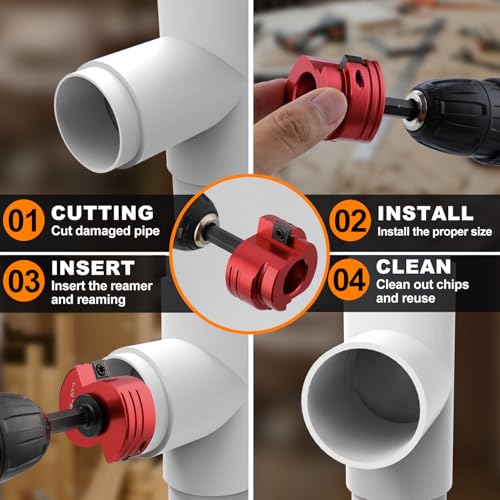 PVC Pipe Reamer Kit, 8-Piece Double-Blade PVC Fitting Saver Socket Saver Tool, 1/2" to 4" Reamer for U.S. Schedule 40 PVC, Tungsten Carbide Alloy Blades, Fits Standard 1/2" Drills