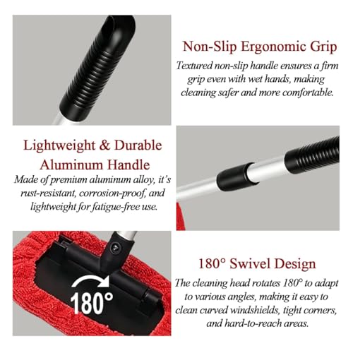 Car Windshield Cleaner Tool, Extendable Handle Pentagonal Vehicle Window Cleaning Kit with 4 Reusable Microfiber Pads & Spray Bottle, Auto Windscreen Detailing Cleaner, Universal Fit (Red) - size: Red