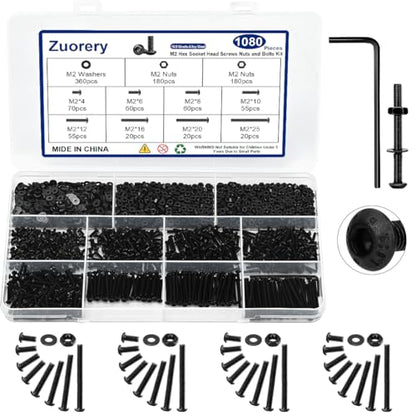 1080PCS M2 Screw Assortment Kit, M2x4/6/8/10/12/16/20/25mm M2 Screw Kits | 10.9 Grade Alloy Steel Metric Hex Button Head Cap Screws, Nuts and Flat Washers for 3D Printing (1080PCS - M2) - size: M2