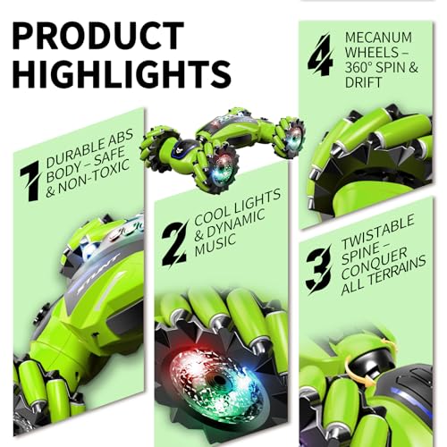Gesture Sensing RC Stunt Car with Light Music and Mist Spray for Kids 6+, 4WD Off-Road Drift Remote Control Car, 2.4GHz Glove Remote, Rechargeable Toy Vehicle for Boys and Girls Birthday Gift - color: Green