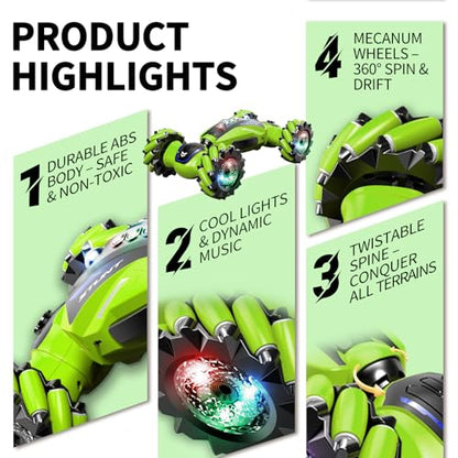 Gesture Sensing RC Stunt Car with Light Music and Mist Spray for Kids 6+, 4WD Off-Road Drift Remote Control Car, 2.4GHz Glove Remote, Rechargeable Toy Vehicle for Boys and Girls Birthday Gift - color: Green
