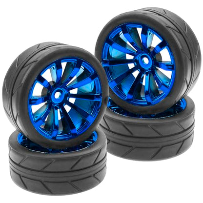 ShareGoo OD 2.55" Rubber Tires w/Plastic Wheel Rims 12mm Hex Compatible with HSP Tamiya Kyosho Traxxas Sakura WLtoys 1/10 RC On Road Racing Touring Car (Blue) - color: Blue