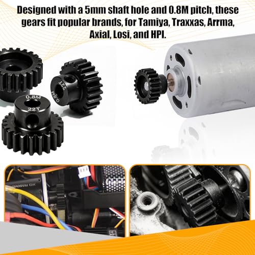 3-Pack Steel Metal 0.8M 5mm Pinion Motor Gear Sets 22T Compatible with HPI Kyosho Losi Axial Tamiya 1/8 1/10 RC Car Monster Truck Buggy, 0.8 Module Gear for Traxxsa Arrma - style: 3Pcs 22T