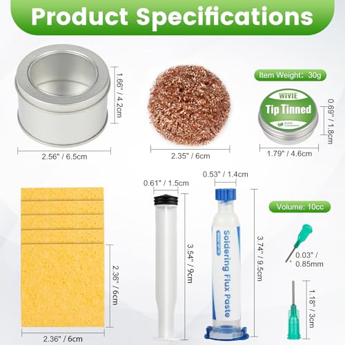 Soldering Tip Cleaning Kit, Includes Tip Tinner Brass Wire, Solder Wick, Cleaning Sponge, Solder Flux & Solder Iron Tips, By WIVIE