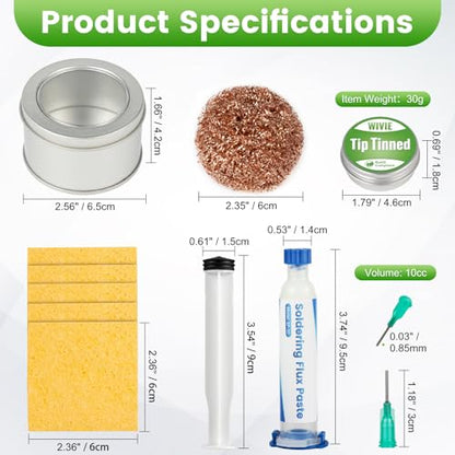 Soldering Tip Cleaning Kit, Includes Tip Tinner Brass Wire, Solder Wick, Cleaning Sponge, Solder Flux & Solder Iron Tips, By WIVIE