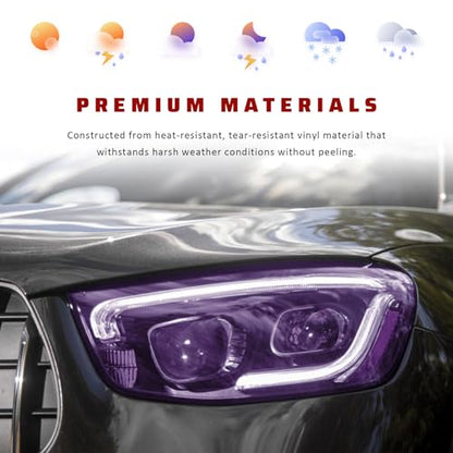 Car Light Tint Film, 12" × 48" Waterproof Headlight Vinyl Wrap Film Includes Squeegee & Cutter, Self-Adhesive Air-Release Wrap for Fog Lights, Taillights, and Headlights (Purple) - color: Purple