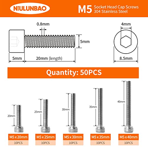 M5 x 20mm 25mm 30mm 35mm 40mm Hex Socket Head Cap Screws Bolts 304 Stainless Steel Allen Hex Drive Metric Machine, Fully Threaded, Assortment Kit 50PCS - size: M5 x 20/25/30/35/40mm (50PCS)