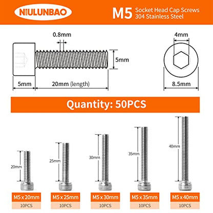 M5 x 20mm 25mm 30mm 35mm 40mm Hex Socket Head Cap Screws Bolts 304 Stainless Steel Allen Hex Drive Metric Machine, Fully Threaded, Assortment Kit 50PCS - size: M5 x 20/25/30/35/40mm (50PCS)