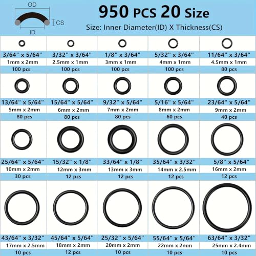 950Pcs O-Ring O Rings Assortment Kit, Sizes up to 25mm, Nitrile Rubber for Automotive Plumbing, Black - style: 20 Size/950 Pcs