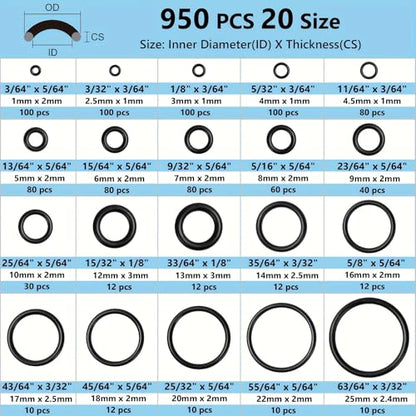 950Pcs O-Ring O Rings Assortment Kit, Sizes up to 25mm, Nitrile Rubber for Automotive Plumbing, Black - style: 20 Size/950 Pcs