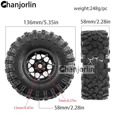 2.2 inch RC Crawler Tires and Beadlock Wheels Rims OD 5.35'' 1:10 Soft Rubber Mud All Terrain Tyres for 1/10 1/8 Rock Crawler Car Traxxas TRX4 Axial SCX10 II RC4WD CC01 Gen8 (Black) - color: Black