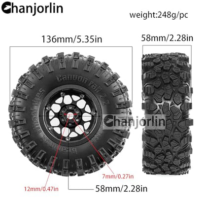2.2 inch RC Crawler Tires and Beadlock Wheels Rims OD 5.35'' 1:10 Soft Rubber Mud All Terrain Tyres for 1/10 1/8 Rock Crawler Car Traxxas TRX4 Axial SCX10 II RC4WD CC01 Gen8 (Black) - color: Black