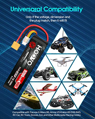 HOOVO 4S Lipo Battery 9200mAh 14.8V 100C with XT90 Plug Soft Case 2 Pack | Metal Plate Softcase battery, for RC Truck Truggy Buggy Tank RC Car Racing Hobby