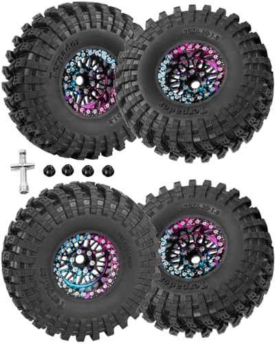 RC 1.9" Beadlock Wheel 1.9 Beadlock Tire for 1/10 SCX10 90046 AX103007 SCX10 II III TRX4 6 Gen7 8 RC Crawler,Alloy 1.9 rc Wheels and Tires Rubber Tires 1.9 Rims w/Wheels Ring,Rainbow - color: Rainbow(4pcs)
