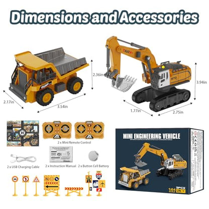 Mini RC Excavator and Dump Truck 1:64 Scale for Kids Adults | Desktop Alloy Remote Control Construction Vehicles with Lights, Sound, Variable Speed, Includes Traffic Signs and Play Mat