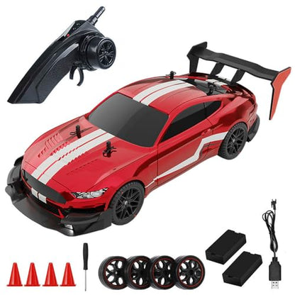 RC Drift Car, 1:14 4WD 40KM/H High Speed RC Racing Car with LED Lights, 2 Batteries, Drifting and Racing Tires for Adults (Red) - color: Red
