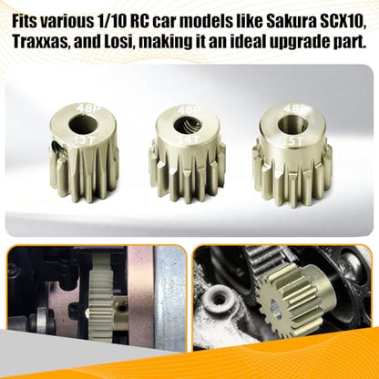 3PCS 48P Pinion Gear Set 7075 Aluminum Alloy 3.175mm Shaft 13T 14T 15T with Screws & Hex for 1/10 RC Arrma Traxxas HPI Sakura Losi Axial SCX10 Tamiya Monster Truck Buggy Motor Gears Upgrade - size: 13 14 15T