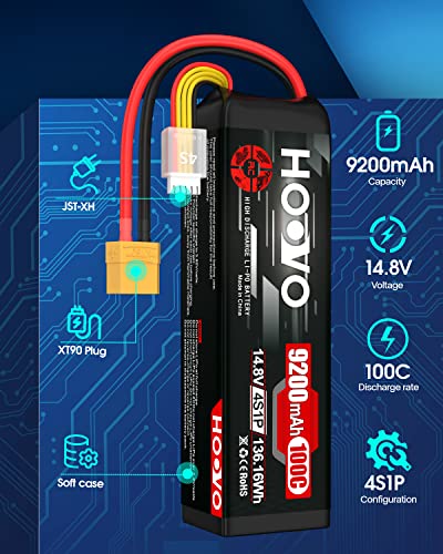 HOOVO 4S Lipo Battery 9200mAh 14.8V 100C with XT90 Plug Soft Case 2 Pack | Metal Plate Softcase battery, for RC Truck Truggy Buggy Tank RC Car Racing Hobby