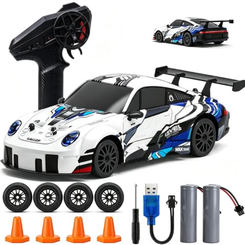 1:24 4WD RC Drift Car Dual Batteries - Blue White | 2.4GHz, LED, 2 tire sets, 2 speeds, 25-30min per battery, USB charge, cones+tool, PC shell, great for indoor play & gift - color: Silver Blue