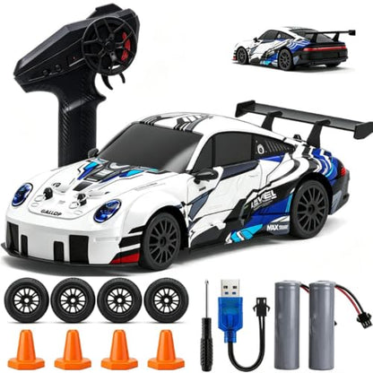 1:24 4WD RC Drift Car Dual Batteries - Blue White | 2.4GHz, LED, 2 tire sets, 2 speeds, 25-30min per battery, USB charge, cones+tool, PC shell, great for indoor play & gift - color: Silver Blue