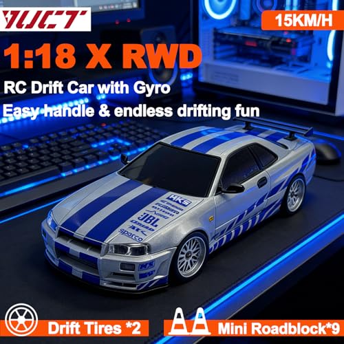 YUCT LDRC LD1899 1/18 RWD Nissan Skyline GTR R34 RC Drift Car with Gyro | 2.4GHz RWD with Gyroscope Alloy Body Extra Metal Drift Tires & Mini Roadblock, Silver - color: Ld1899-silver