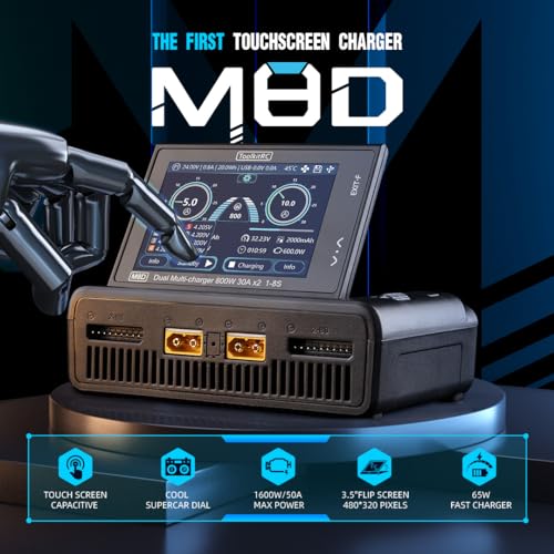 ToolkitRC M8D 1600W 50A DC Balance Touch Screen Charger 65W Fast Charge Dual Channels for 1-8S Lipo Battery for FPV Drone Car RC Model Parts (M8D)