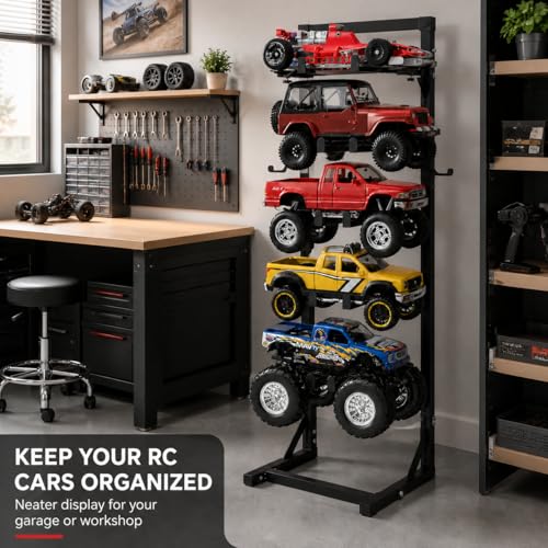 Rc Car Stand Display 5 Tier Metal Storage Rack Shelf Compatible With 1/6 1/10 1/12 1/18 1/24 Scale Crawler Trucks Accessories Multi Layer Model Workstation Organizer Includes 2 Remote Controller Hooks