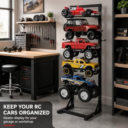 Rc Car Stand Display 5 Tier Metal Storage Rack Shelf Compatible With 1/6 1/10 1/12 1/18 1/24 Scale Crawler Trucks Accessories Multi Layer Model Workstation Organizer Includes 2 Remote Controller Hooks