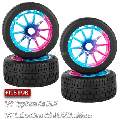 RC Highway Tires Wheel for 1/8 Typhon 6s BLX,1/7 Infraction 6S BLX/Limitless,RC Drift Off Road Buggy Rally Truck Wheels and Tires,4PCS RC High Speed Wheel Highway Rubber Tires,Blue Pink - color: Blue Pink - (4pcs High Speed Wheel)