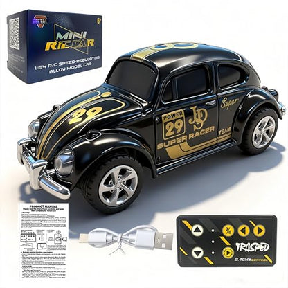 Mini RC Car, Alloy 1/64 RC Car [LED Lights] [3 Speeds Modes] [Rechargeable Battery] Retro Beetle with Remote Control, Black - color: Black