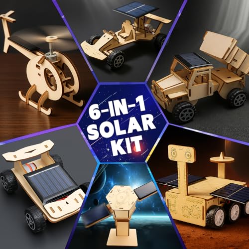 6-in-1 Solar STEM Building Kit, Wooden DIY Construction Set with Satellite, Helicopter, Cars, Educational Science Toy for Kids Ages 6-14 Years (1)